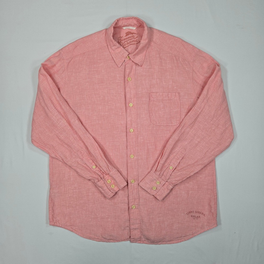 Tommy Bahama Men XL 100% Linen Button Front Shirt Pink Relax Fit Island Casual - Picture 1 of 13